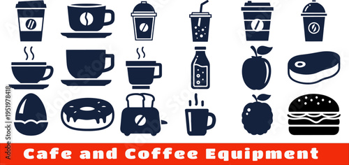 Set of cafe and coffee equipment black icons and food items on transparent background vector illustration