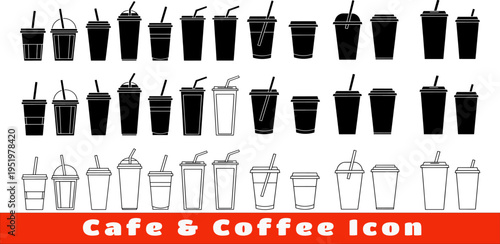Twenty four black and white icons for cafe and coffee cups in different styles and sizes for hot drinks