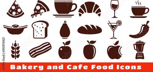 Bakery and cafe food brown icons set on transparent background for menu design vector illustration