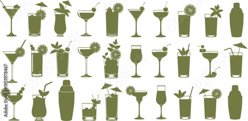 Cocktail drinks silhouettes collection vector illustration set includes various glasses with garnishes ice and straws party beverage