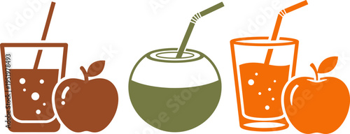 Colorful collection of healthy beverage icons including apple juice and coconut drink for summer vacation and wellness themes