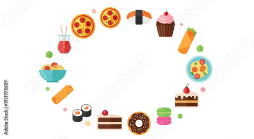 A colorful vector illustration features a variety of popular food and dessert items, including pizzas, sushi, and cakes, arranged in a circular frame on white.