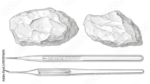 Lithic reduction illustration with flake and blades, black outline on white background