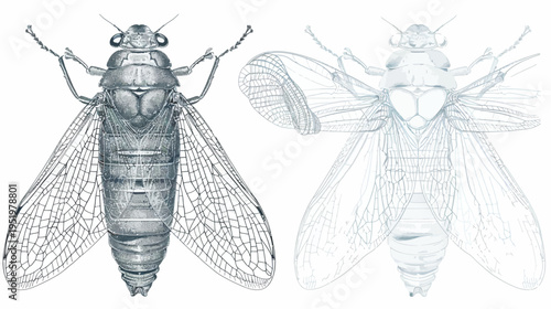 Detailed insects one shaded, one line drawing, wings spread on white background