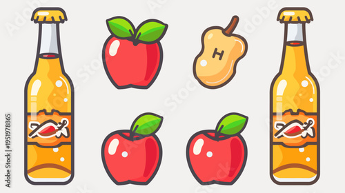 Cartoon image two beer bottles, three red apples, and a yellow pear-shaped fruit