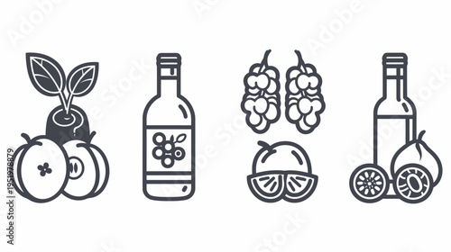 Line art illustration of fruit and bottle icons arranged sequentially on white background
