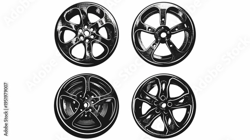 Four black and white stylized car rims, each a slightly different design