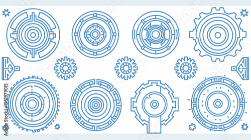 Blue outlined circles with internal geometric patterns and gear shapes on white