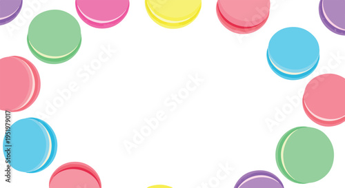 A cheerful border of pastel-colored macarons in shades of pink, blue, green, yellow, and purple frames a clean white background.