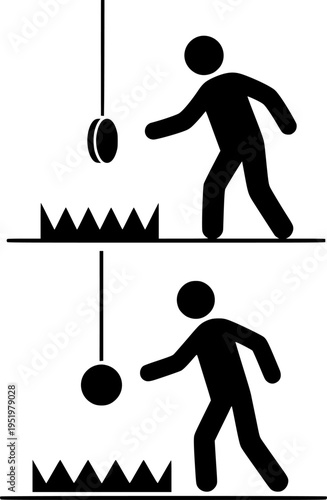 Set of Action Stick Figure Icons Representing Physical Experiments of Pendulum Motion with Circular and Cylindrical Weight Disks on White Background