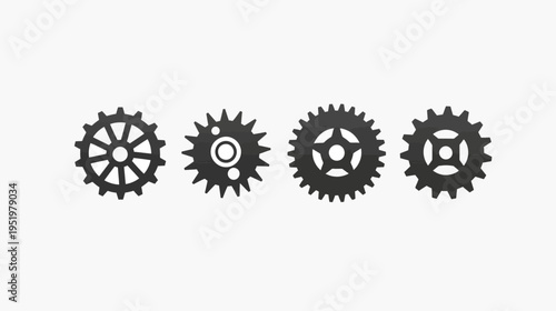 Four different black gear illustrations aligned horizontally against a white background