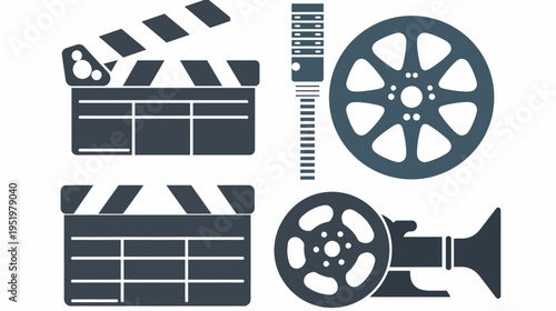 Film production elements clapperboard, film reel, camera, slate, in graphic rendition