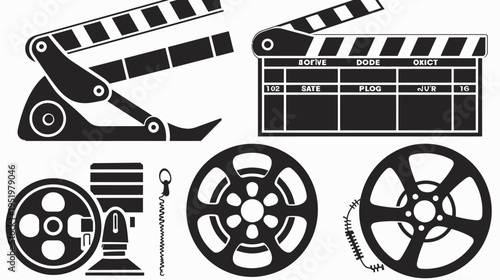 A set of vector film production icons; a clapperboard and several film reels displayed