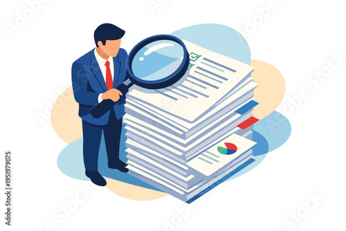 Fotografie Businessman examining documents with magnifying glass.