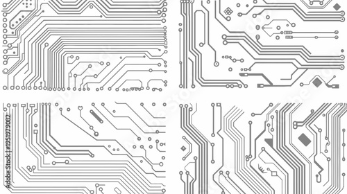 A gray scaled, segmented view of complex circuit board designs against a white backdrop