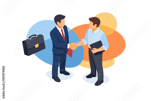 Two businessmen shaking hands with a briefcase and tablet.