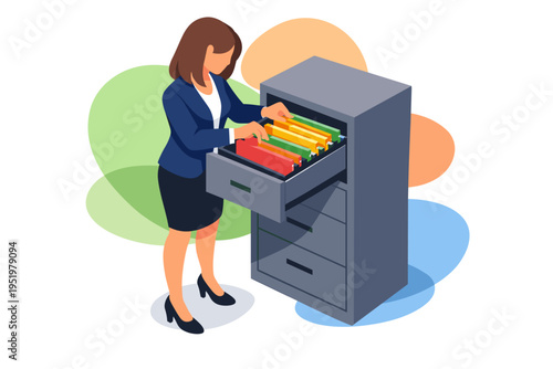 Woman organizing files in a filing cabinet business office.