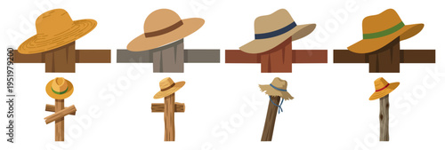 FARMER HAT - Straw sun hat resting on a wooden fence post  Flat Vector Illustration on Transparent Background