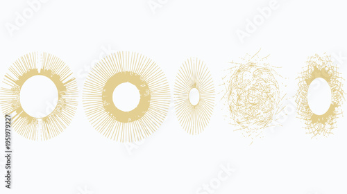 Array of geometric shapes with spoked and chaotic line patterns in neutral earth tones