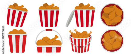 POULTRY BUCKET - Red striped bucket filled with golden fried chicken  Flat Vector Illustration on Transparent Background