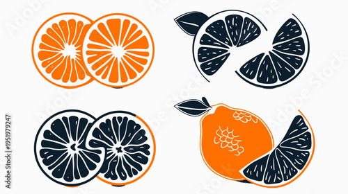Orange and navy vector fruit illustrations on white. Fresh, citrus halves, slice, and leaves