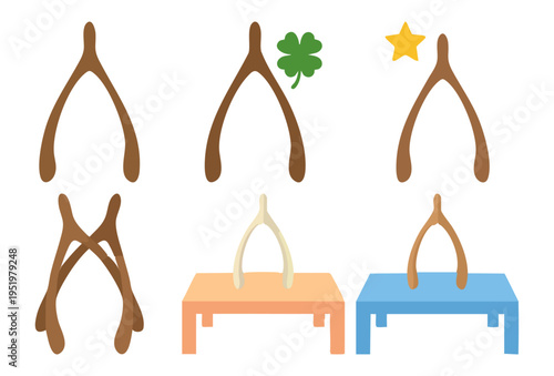  WISHBONE - Lucky dried wishbone standing upright on a table  Flat Vector Illustration on Transparent Background
