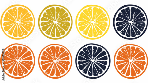 Eight halved citrus fruits, arranged in a 2x4 grid, illustrated in various colors