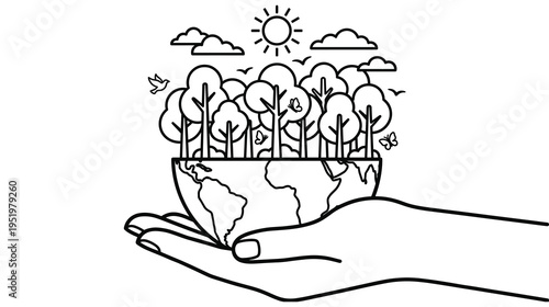 Eco friendly concept with green forest and earth held in human hand