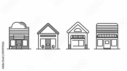 Four building icons line-up, with grey & white color palette and black outline on white