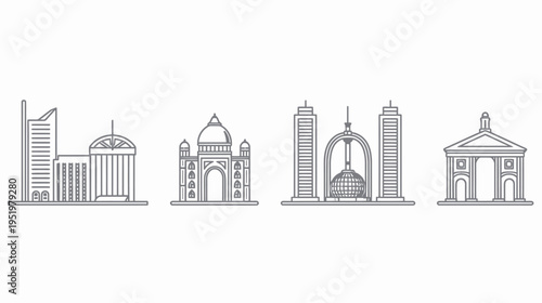 Line art drawing featuring landmarks, architectural icons in gray outline on white