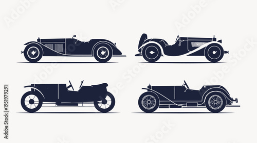 Four classic car silhouettes in dark blue against a white background