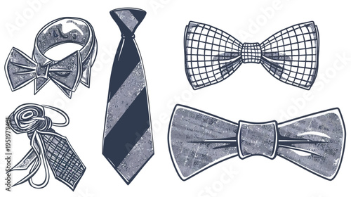 Assortment of vintage-style ties and bowties in grayscale with a textured, weathered look
