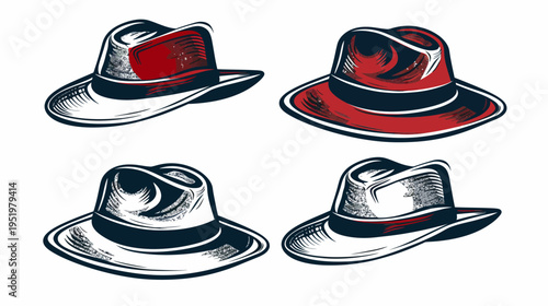 Illustration of four vintage fedora hats in red, white, and dark blue ink