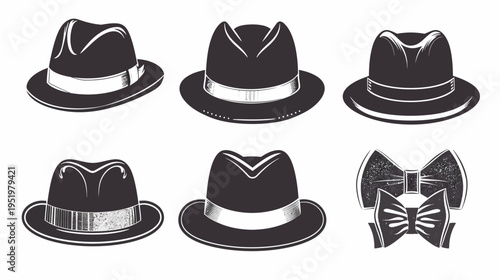 Six vintage-style black hats and bowties arranged in two rows on a white background