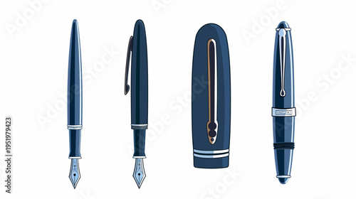 Blue fountain pens, showcasing nib, side view, cap, and full closed pen, on white background