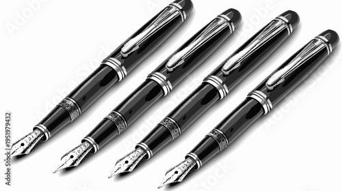 Four fountain pens with silver accents on a white background, diagonal arrangement