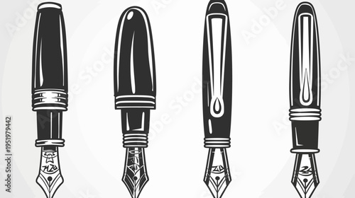 Four classic fountain pens displayed in a row, with clean black and white line art