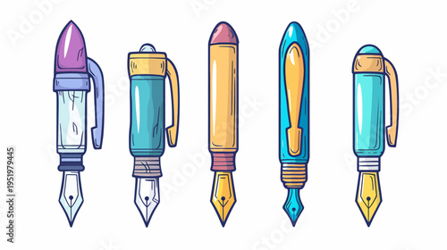 Five fountain pens, with colored caps and gold nibs on a white background