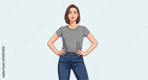 Stylish young woman in casual jeans and grey t-shirt posing confidently