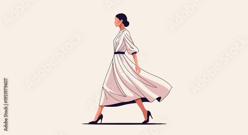 Elegant woman in a flowing white dress walking with confidence on an isolated background