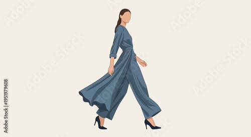 A woman in a stylish blue jumpsuit with wide-leg pants and high heels walking with elegance