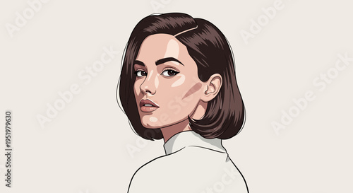 Stylish woman's portrait illustration with dark bob hairstyle and subtle makeup