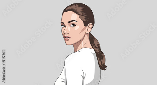 Stylish woman with brunette ponytail and white shirt looking over her shoulder