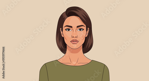 A sophisticated woman's portrait illustration, featuring brown hair and an olive green shirt