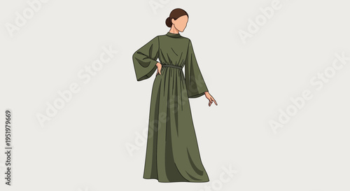 Elegant Woman in a Flowing Olive Green Maxi Dress with Bell Sleeves