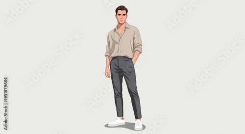 A stylish man with dark hair wearing a tan collared shirt and grey pants
