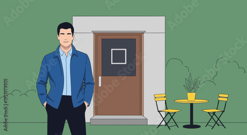 Confident man standing by building entrance with outdoor cafe seating nearby