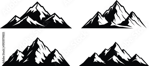 Four black and white mountain range silhouettes with sharp peaks and snow accents mountains