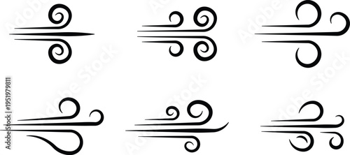 Six black stylized wind with swirling lines and sharp points breeze gust weather