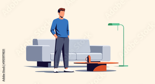 Man standing near a modern sofa and coffee table in a minimalist living room setting